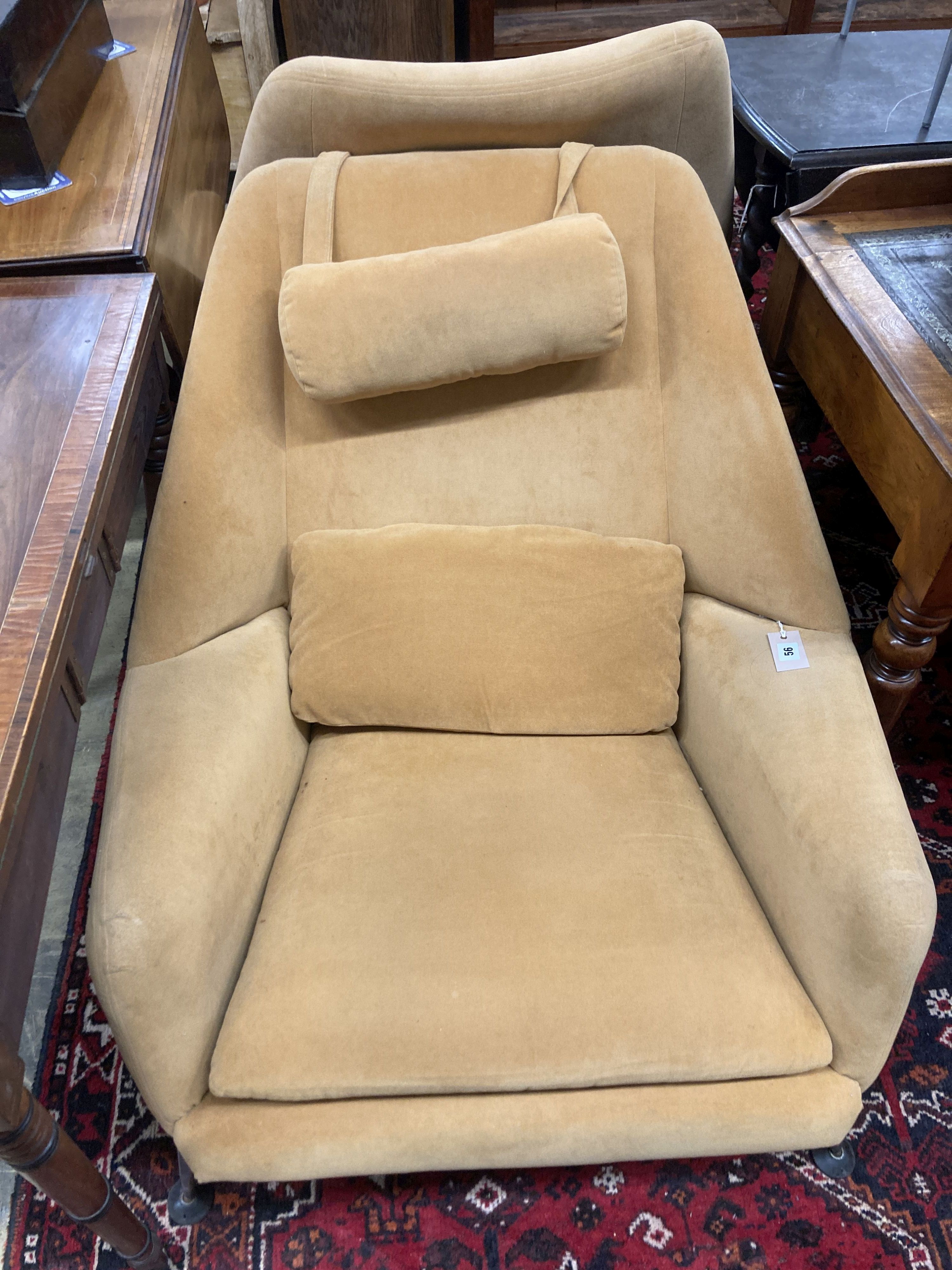 Two mid century style armchairs, upholstered in gold dralon, larger width 84cm, depth 70cm, height 90cm